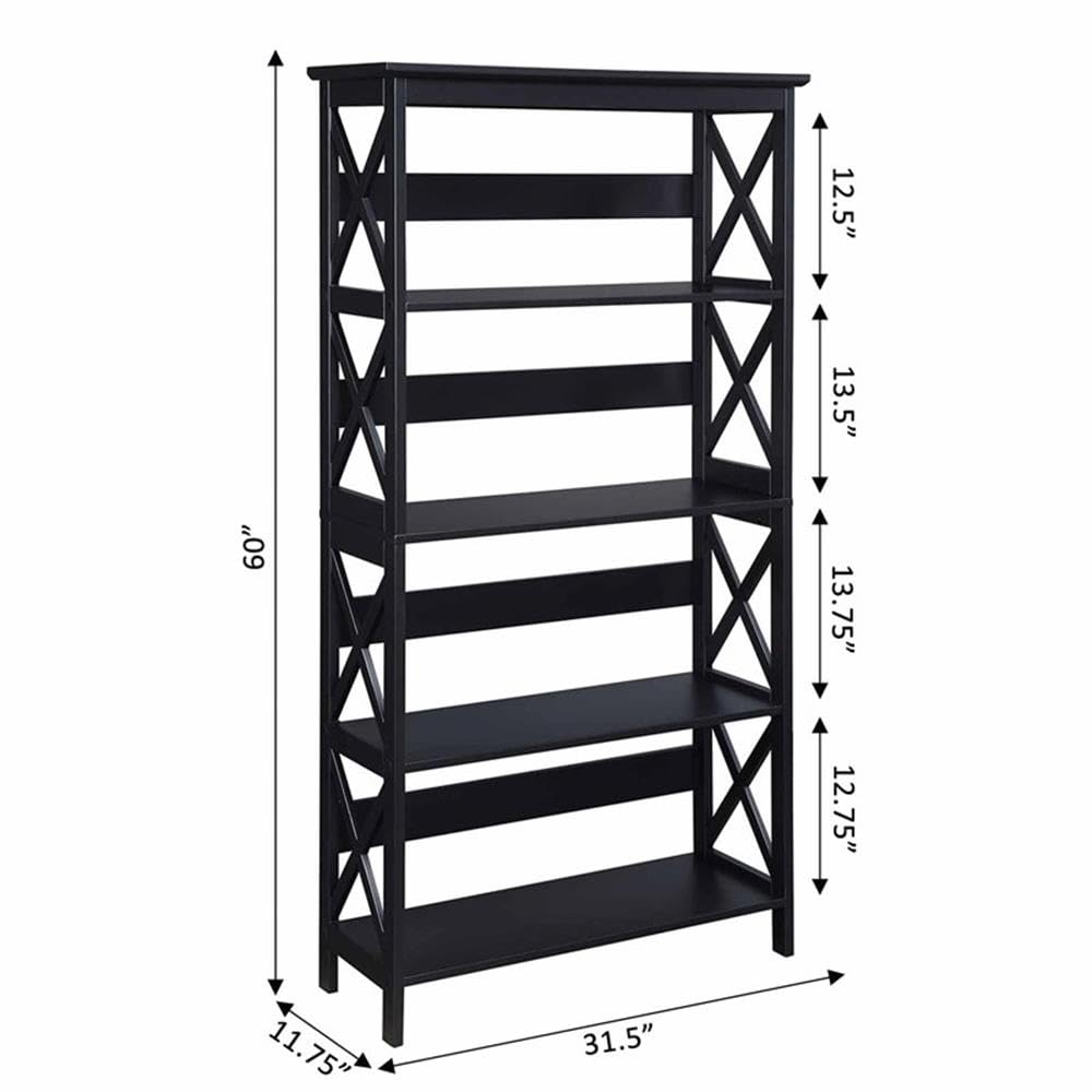 Convenience Concepts Oxford Bookcase 31.5" - 5-Tier Farmhouse Bookcase for Living Room, Modern Family Room Media & Display Storage Organizer for Home Office Library, Tall Shelving Unit, Black Convenience Concepts
