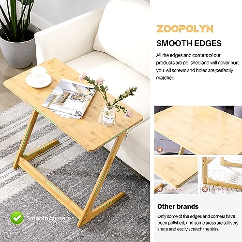 Zoopolyn Tv Tray Table Bamboo Tv Dinner Table Z Shaped end table for Sofa Couch Laptop Living Room Bedroom Natural Zoopolyn