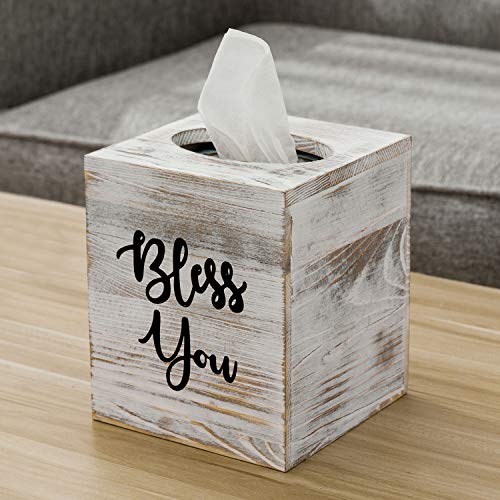 MyGift White Washed Solid Wood Square Tissue Box Cover Holder Decorative Tissue Dispenser Bath Decor with Bless You Design and Easy Refill Slide Out Bottom MyGift