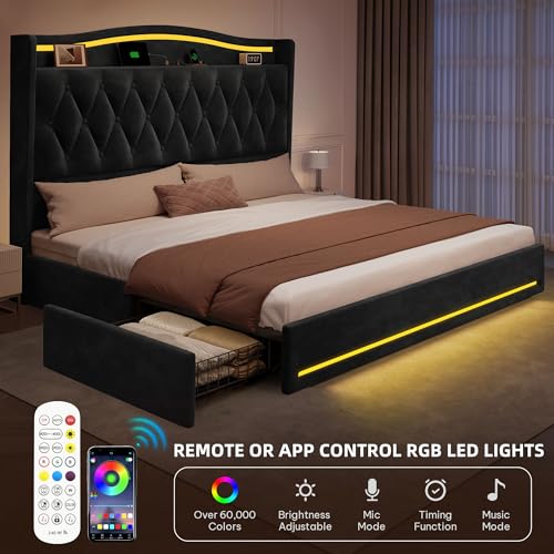 DWVO King Size Bed Frame with 4 Storage Drawers and RGB LED Lights, 57'' Tall Headboard Velvet Upholstered Bed with Charging Station, No Box Spring Needed, Easy Assembly, Noise-Free, Black DWVO