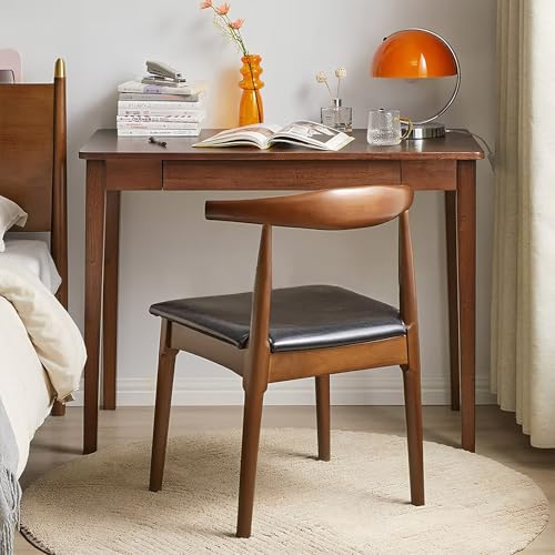 Cttasty Solid Wood Computer Desk with Drawers, Modern Writing Desk for Home Office, Mid Century Modern Desk, Oak Study Table, 35.4x19.9x29.5 inches (Single Drawer), Walnut Cttasty