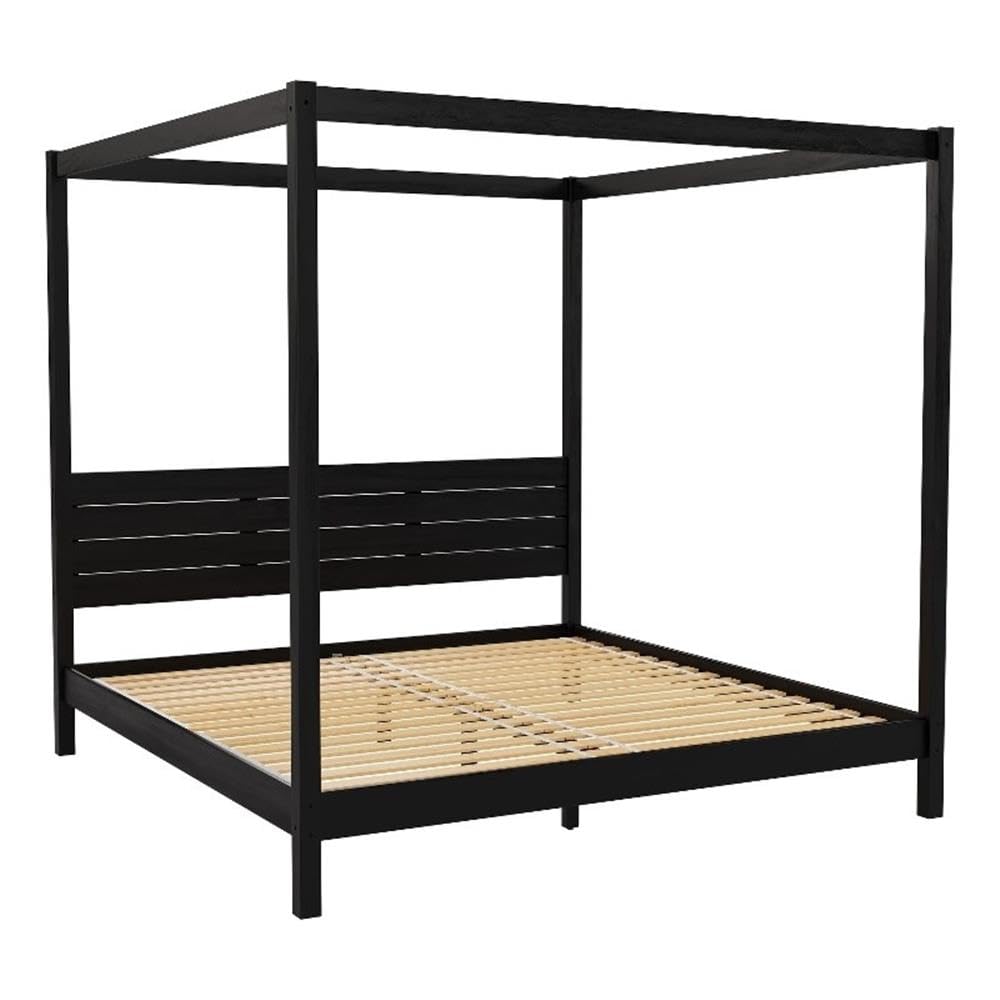 Pemberly Row Wood King Size Canopy Bed with Slatted Headboard in Black Pemberly Row