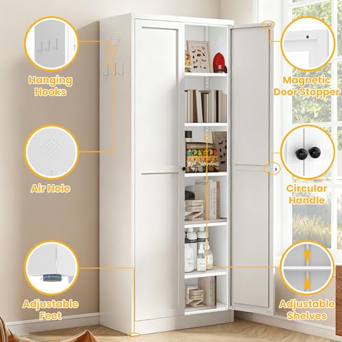 Reegangfa 72" Metal Storage Cabinet, Large Capacity Pantry Cabinet with 6-Tier, Kitchen Storage Cabinet with 2 Doors and 5 Adjustable Shelves for Home, Kitchen, Dining, Living Room (White) Reegangfa