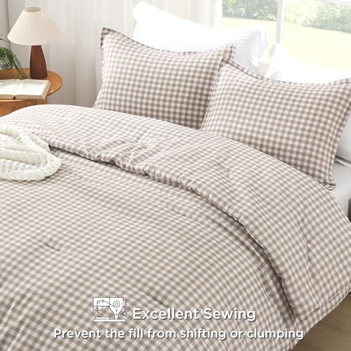 Andency Tan Gingham Comforter Set Full(79x90Inch), Brown Checkered Grid Plaid Buffalo Bed Set for Girls Boys Kids Teens, 3 Pieces Lightweight Microfiber Geometric Preppy Bedding