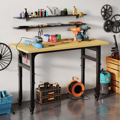 Dephet Heavy Duty Work Bench with Pegboard Pad & Power Outlets, Adjustable Height 2000 Lbs Garage Workbench w/Wheels, Portable Mobile Tool Work Table for Woodworking Workshop Home Office