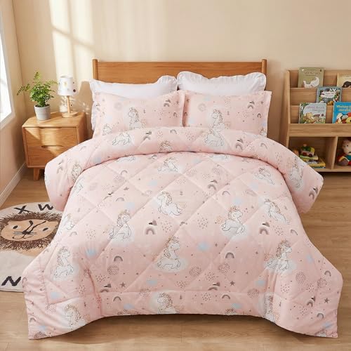 JSD Pink Unicorn Kids Comforter Set Twin Size, 2 Piece Girls Rainbow Microfiber Comforter with Pillow Sham, Lightweight All Season Washable JSD