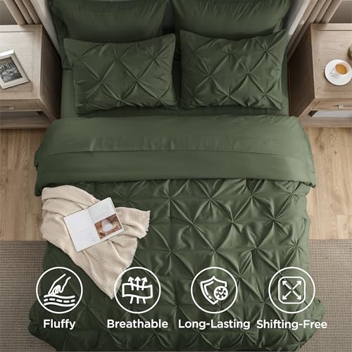 Bedsure King Size Comforter Set Olive Green - Bed in a Bag Bedding Set 7 Pieces, GentleSoft™ Pintuck Bed Set Gift for Family, Pinch Pleat Olive Green Comforter with Sheets, Pillowcases & Shams Bedsure