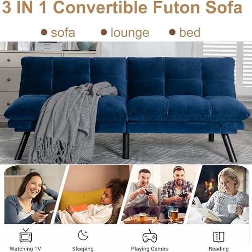 Modern Velvet Convertible Folding Futon Couch Sofa Bed Adjustable Pillow Top Arm Memory Foam Couch Double Loveseat Sofa for Compact Living Space,Dorm,Game Studio,Apartment,Bedroom (Navy Blue) Klwenas Maec