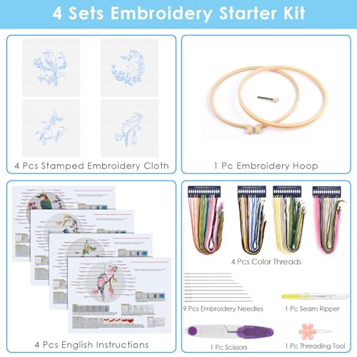 ERKOON 4 Sets Embroidery Kit for Beginners,Hummingbird and Flower Cross Stitch Set for Include Embroidery Cloth Hoops Threads for Craft Lover Hand Stitch (Flowers and Birds) ERKOON