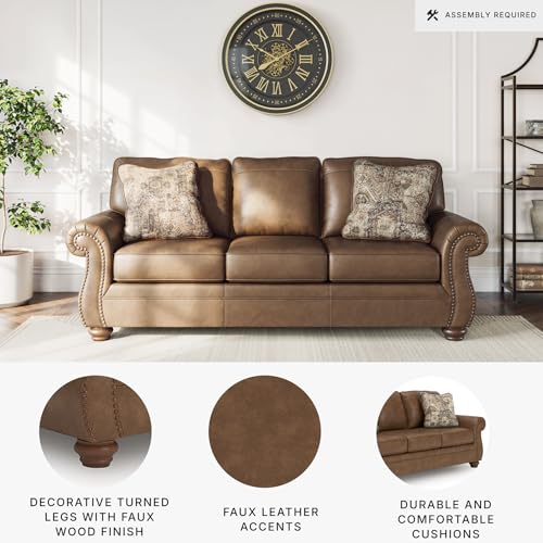 Signature Design by Ashley Shadsburne Rustic Faux Leather Sofa Sleeper with Bi-Fold Memory Foam Mattress, Nailhead Trim and 2 Throw Pillows, Queen, Brown Signature Design by Ashley