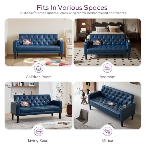 TYBOATLE 62" W Leather Loveseat w/ 2 USB and 2 Cupholders, Mid-Century Modern Tufted Small Love Seat Couches for Office, Living Room, Bedroom, Dorm (1, Blue) TYBOATLE