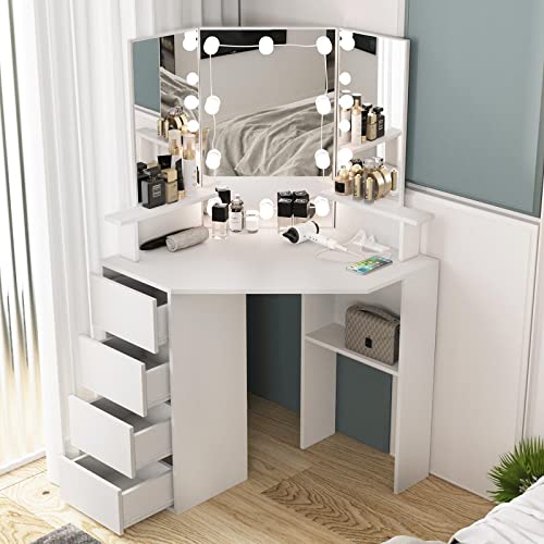 Vabches Corner Vanity Desk with Lighted Mirror & Power Strip,White Makeup Vanity Table with Lights,42 inch Corner Vanity Mirror with Lights and 4 Drawer, 3 Lighting Modes, Brightness Adjustable Vabches