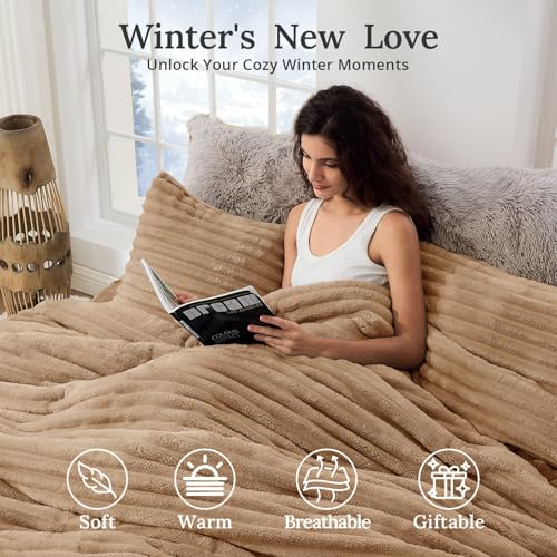 Sasttie Twin/Twin-XL Comforter Set 2 Pieces - Super Soft Fleece Comforters Twin/Twin-XL Size, 1 Luxury Warm Fuzzy Marshmallow Comforter with 1 Pillow Case, Faux Fur Bedding Set, Brown Sasttie