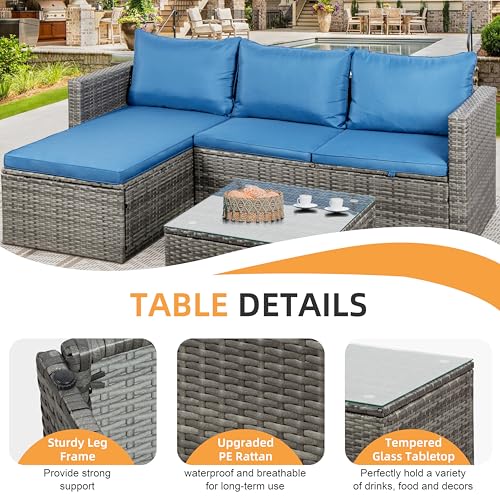 Shintenchi Outdoor Patio Furniture Sets, Small Outdoor Sofa Patio Sectional Sets 3-Piece All Weather Wicker Rattan Patio Seating Sofas with Glass Coffee Table and Cushion (Blue) Shintenchi