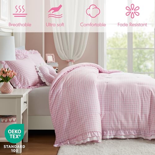 Intelligent Design Rowena Full Comforter Set – Blush Pink Gingham Ruffled Bedding, Vintage Farmhouse Style, Reversible All Season 4-Piece Bedding Set, Full/Queen, Gift for Her Intelligent Design