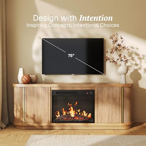 BELLEZE 67" Fluted TV Stand with Electric Fireplace Heater w/Sound, Curved Entertainment Center with Sliding Tambour Doors, Media Console Table for TV up to 75" for Living Room (Camel) BELLEZE
