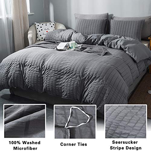 AveLom Queen Duvet Cover Set, 3 Pieces - 90 x 90 in, Dark Gray Microfiber with Zipper and Ties AveLom