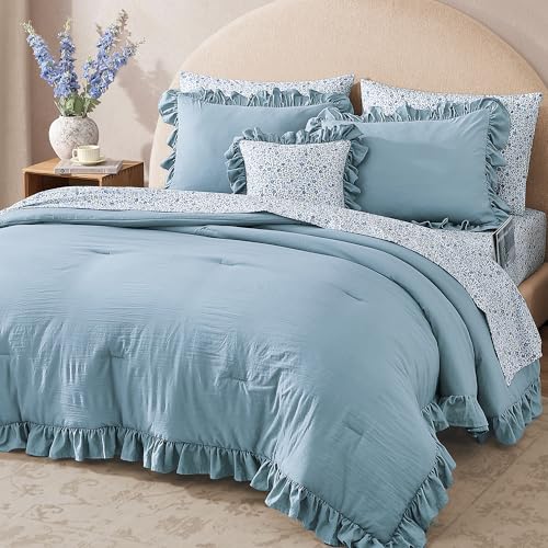 BLOOMHAVEN Full Comforter Set - 7 Pieces Ruffle Blue Bedding Sets, Shabby Chic Farmhouse Bed in a Bag Full with Ruffle Comforter, Floral Sheets, Pillowcases & Shams BLOOMHAVEN