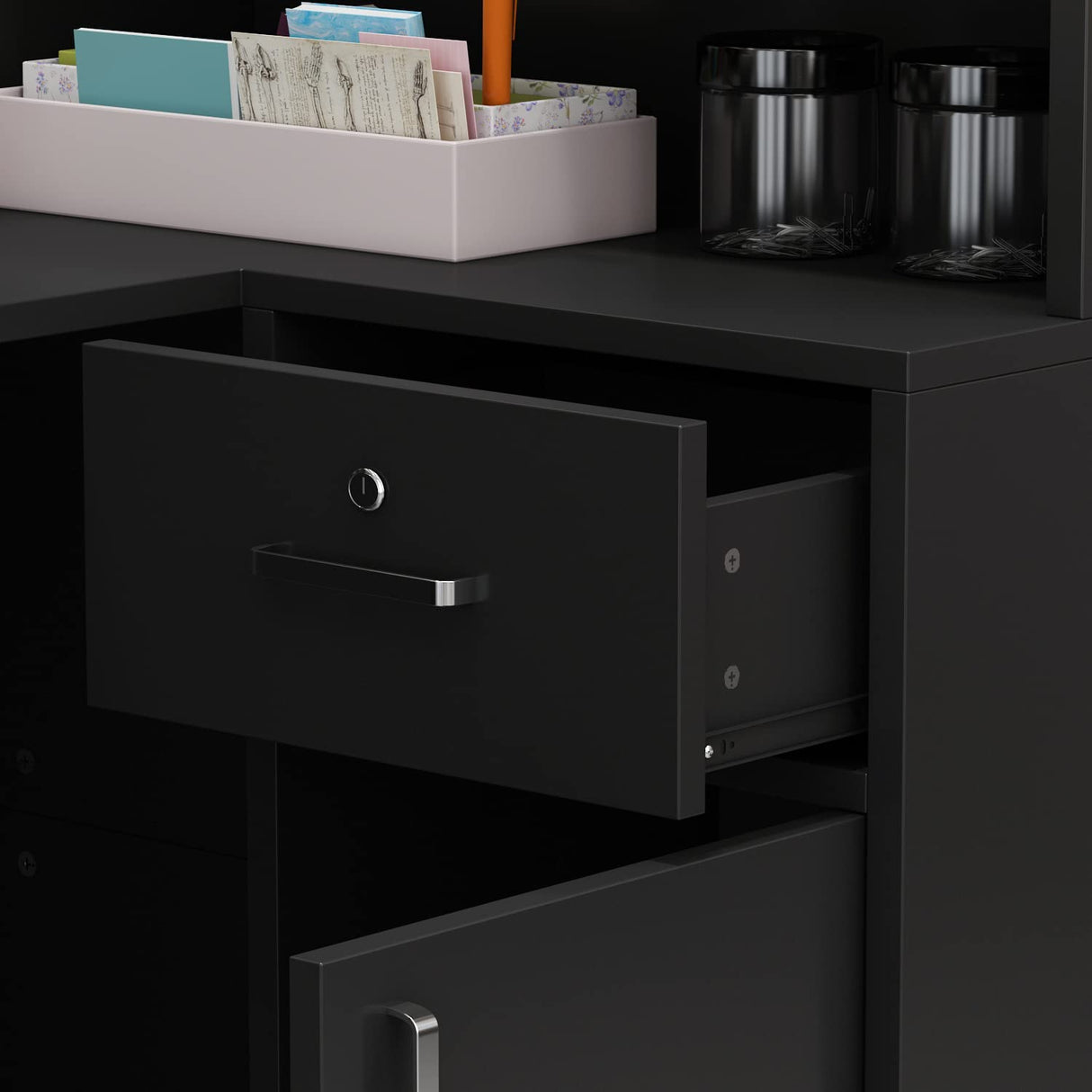 Hitow Modern Reception Desk Counter Table, L-Shap Reception Room Front Desk with Lockable Drawer & Open Shelves, Retail Counter for Salon Checkout Office, Black (55.9" W x 32.3" D x 48.4" H) Hitow