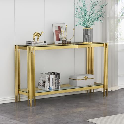 55 Inch Modern Luxury Console Table Clear Glass Sofa Table w/Gold Stainless Steel Pipe Frame, 2-Layer Narrow Table Accent Table for Living Room, Home Entayway Table Foyer Table for Entrance Hallway Henf