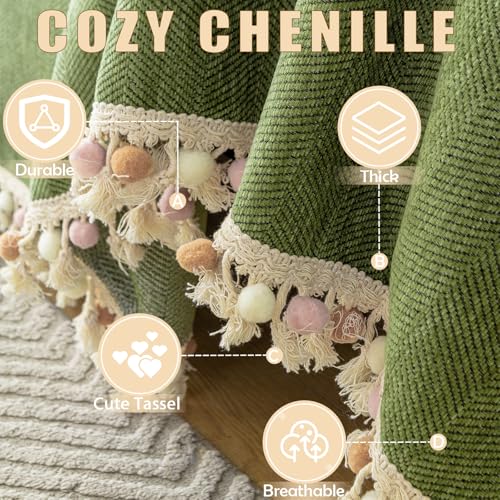 HANDONTIME Green Sofa Cover Vintage Couch Cover for Dogs 71" X118" Couch Cushion Covers with Tassel Herringbone Sofa Cover Boho Sofa Covers for 3 Cushion Couch Chenille Soft Loveseat Sofa Covers HANDONTIME