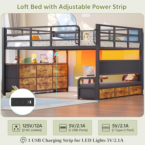 Dnxao Full Size Low Loft Bed with Desk,Full Size Bed Frame with 9 Storage Drawers, Kids Loft Bed with 15.8" H Safety Guardrail,Sofa,LED Lights & Charging Station,No Box Spring Needed,Rustic Brown Dnxao