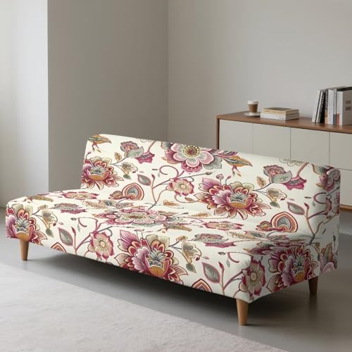 Xorudoydet Bohemian Floral Print Stretch Sofa Slipcover Armless Futon Cover Fitted Furniture Protector Polyester Spandex Washable Armless Sofa Cover Folding Couch Covers Xorudoydet