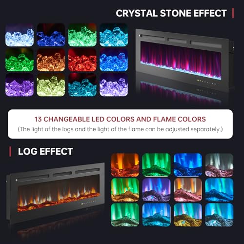 oneinmil 50” Smart Electric Fireplace Heater, Compatible with Alexa & Google Home, Wall Mount, in-Wall Recessed Fireplace Insert, Ajustable Flames, 750W/1500W Indoor Heater oneinmil