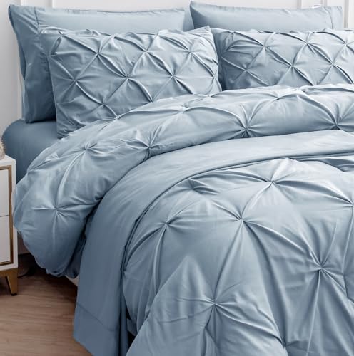 LANE LINEN Twin Comforter Set - 5 Piece - Elegant Pintuck Stitch Design Bedding - with 1 Comforter, 1 Pillowcase, 1 Sham, 1 Flat & 14" Fitted Sheet - Super-Soft, All-Season Everyday Use – French Blue LANE LINEN