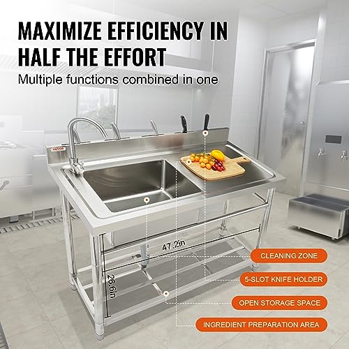 VEVOR Stainless Steel Utility Sink, Free Standing Single Bowl Commercial Kitchen Sink Set w/Workbench, 47 x 19.7 x 37.4 in Commercial Single Bowl Sinks for Garage, Restaurant, Laundry, NSF Certified VEVOR