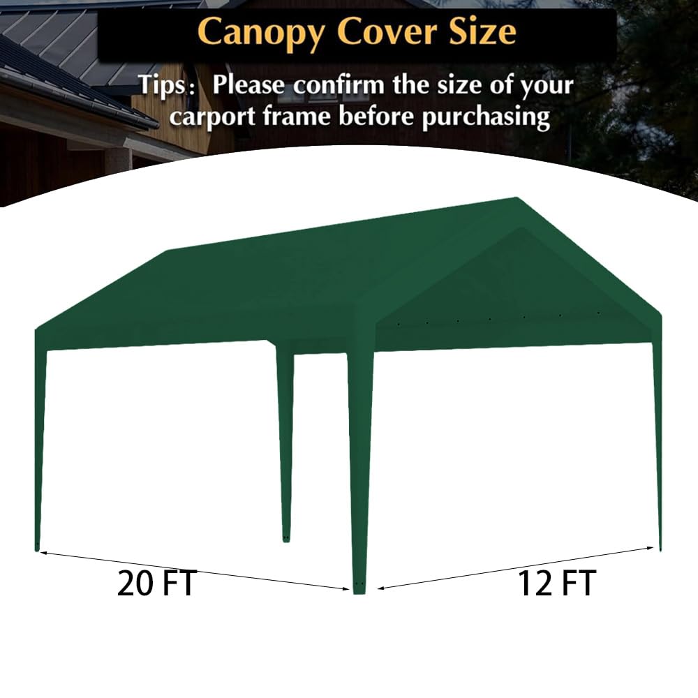 Carport Replacement Canopy, Replacement Top Cover for 10' x 20' Carport Frame, 180G PE Fabric Waterproof & UV Protected Tarp with Ball Bungees, Green (Only Top Cover, Frame is not Included) Vanteriam