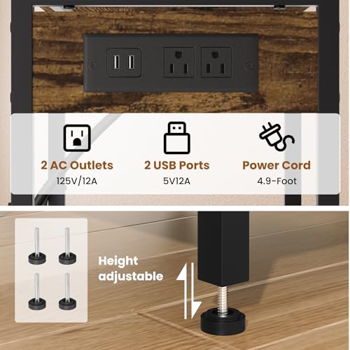 Asgolion Record Player Stand with Charging Station, 3-Tier End Table with LED Light, Side Table Nightstand for Vinyl Storage,Tall Beside Tables Turntable Stand Living Room, Bedroom, Rustic Brown Asgolion