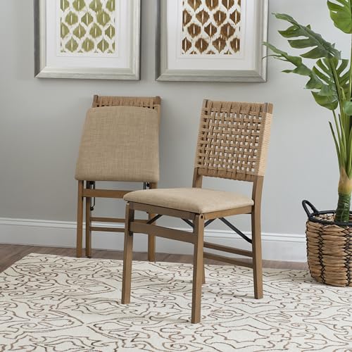 Linon Bennett Natural Folding Chair with Woven Rope Back and Linen Upholstered Seat Set of 2 Linon