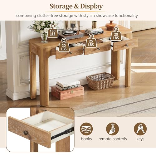 Merax 52" Console Table with 3 Drawers, Rustic Entryway Table with Curved Corners, Narrow Long Sofa Table for Living Room, Hallway, Entrance, Behind Couch, Foyer, Sturdy Thick Legs, Natural Merax