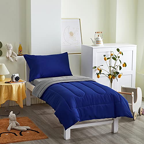 UOZZI BEDDING 4 Pieces Toddler Bedding Set Ultra Soft and Breathable Toddler Sheet Set - Includes Comforter, Flat Sheet, Fitted Sheet and Pillowcase - Royal Blue & Gray UOZZI BEDDING