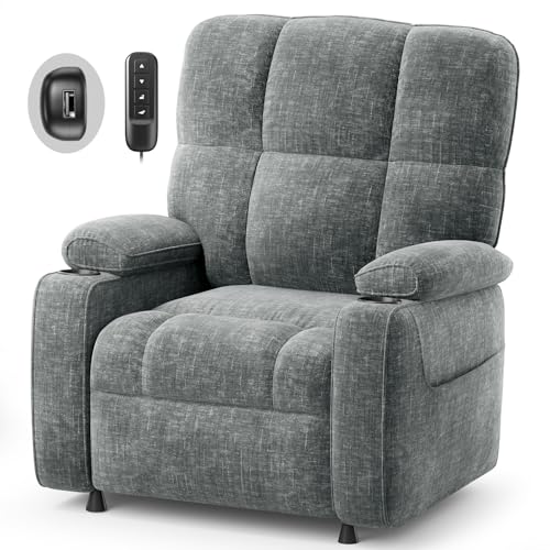 AMADA HOMEFURNISHING Power Recliner Chair for Adults, One-Touch Synchronized Electric Recliner with USB Ports, Cup Holder & Side Pockets, Thick Seat Cushion, Chenille, Living Room & Bedroom