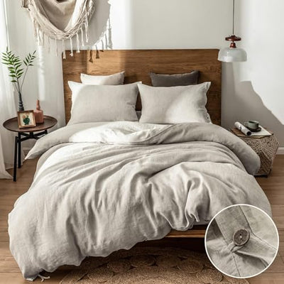 Simple&Opulence 100% Linen Duvet Cover Set, 3 Pieces Belgian Flax Breathable Bedding, 1 Comforter Cover+2 Pillowshams with Coconut Button Closure(Queen,Linen)