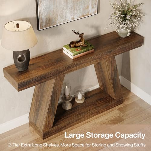 Tribesigns Farmhouse Console Table, 55-Inch Rustic Sofa Table with Storage, Industrial Wooden Entryway Table for Hallway, Living Room, Dark Brown Tribesigns