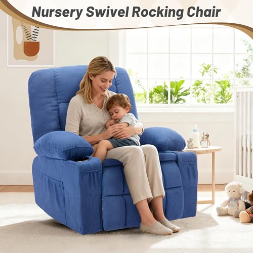 Oversized Swivel Rocker Recliner Chair with Massage & Heat,Nursery Rocking Chairs for Living Room,Ergonomic Relining Chair with Cup Holders,USB Charge Port,Side Pockets,Recliner Chair for Adults,Blue