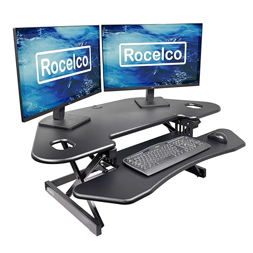 Rocelco 46" Height Adjustable Corner Standing Desk Converter - Quick Sit Stand Up Dual Monitor Riser - Gas Spring Assist Tabletop Computer Workstation - Large Keyboard Tray - Black (R CADRB-46) Rocelco