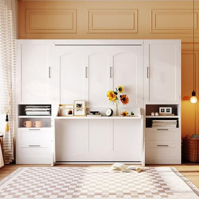 Full Size Murphy Bed with Closet, Wall Bed with Drawers and Shelves, Folding Cabinet Bed with Desk for Home Office, Studio, White