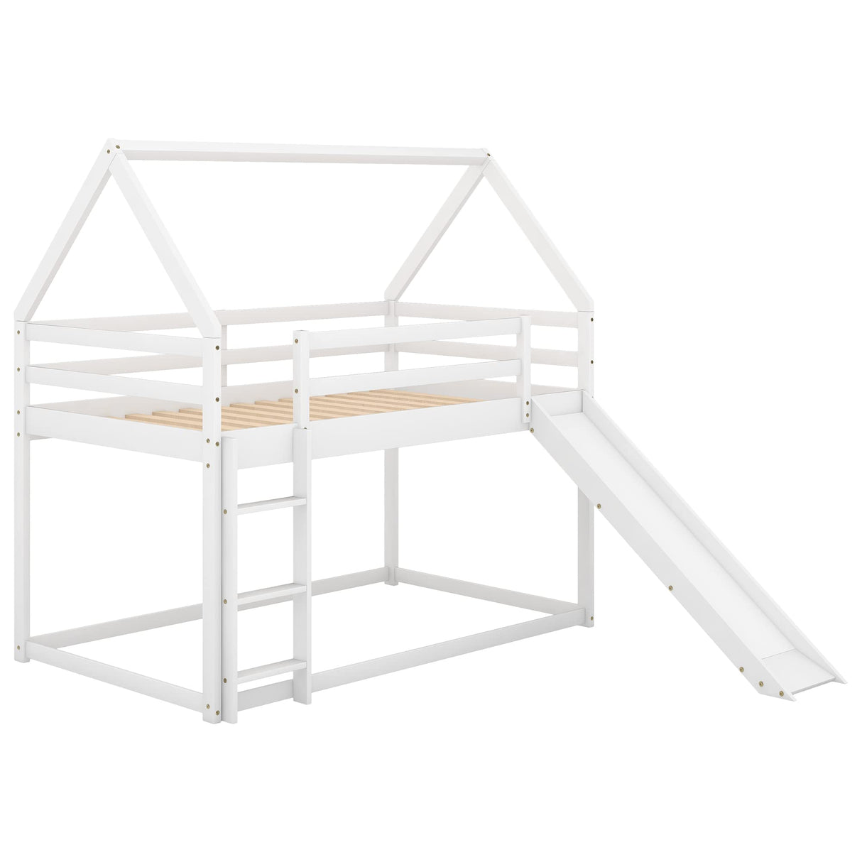 Bellemave Twin Over Twin House Bunk Bed with Slide,Floor Bunk Beds with Ladder for Kids,Solid Wood Twin Size Low Bunk Bed for Girls Boys Bellemave