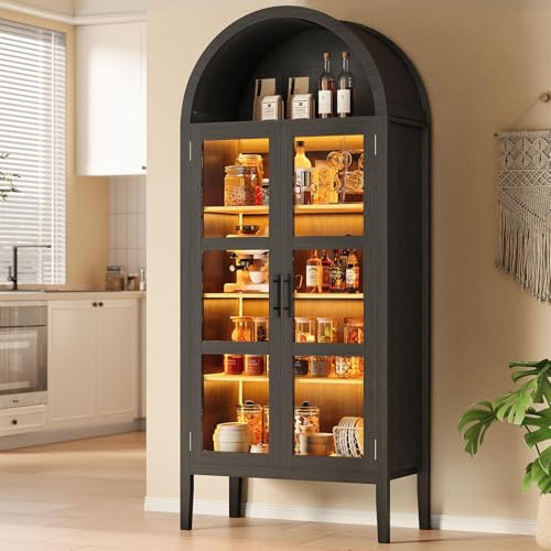 IDEALHOUSE 70" Arched Pantry Cabinet with LED Lights & Glass Doors, Modern MDF Freestanding Kitchen Storage Cabinet with Open Shelf, Cupboard for Dining Room, Living Room IDEALHOUSE