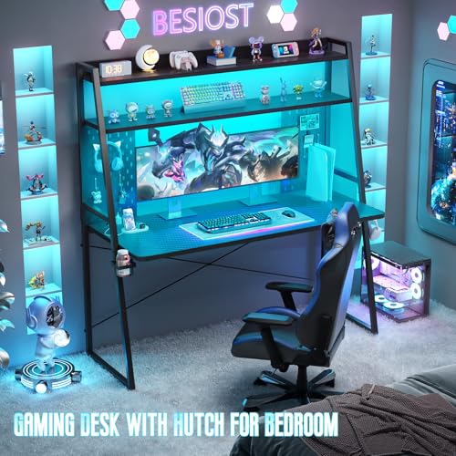 Besiost Gaming Desk with Hutch and LED Lights, Gaming Computer Desk with Power Outlets, Gamer Desk with Storage Shelves, PC Game Desks with Pegboards, for Bedroom, Carbon Fiber Black, 49" Besiost