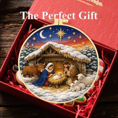 Zhenqing Nativity Embroidery Kit for Beginners, Pre-Printed 29x29cm Circular Cotton Fabric with 20cm Hoop, Christmas Nativity Scene Design for Holiday Decor (JC0025