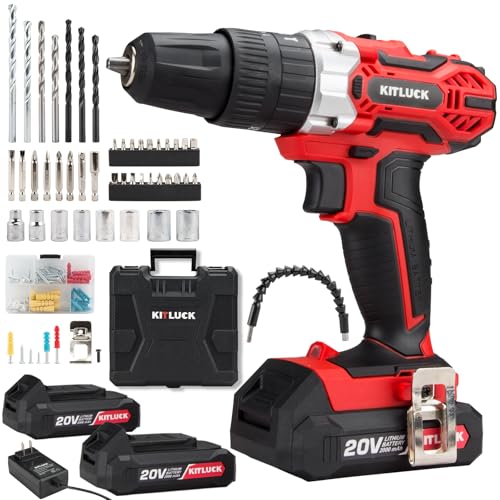 Cordless Drill Set, 20V Power Drill Kit with 2 X 2.0AH Battery, 44pcs Drill/Driver Bits, 1 Box Screws, Bubble Level, 3/8'' Chuck Electric Drill, 32NM, 21+3 Position, 2 Variable Speed KITLUCK