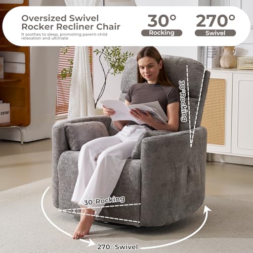 Oversized Swivel Rocker Recliner with Massage and Heat, Swivel Nursery Recliner With Adjustable Headrest, Manual Rocker Recliner Chair with Two Removable Pillows, Rocking Nursery Chair, Dark Grey
