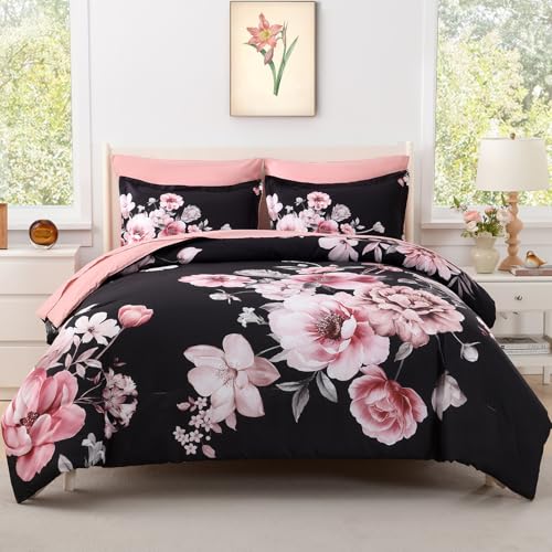 Floral King Size Comforter Set - 7 Piece Botanical Black and Pink Bed in a Bag Ulter Soft Microfiber Bedding Set, Lightweight Bed Comforter Set with Sheets for All Season (Black, King) LLDSYW