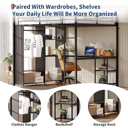Frigenarro Queen Size Metal Loft Bed with Built-in Desk, Wardrobe,Storage Shelves, Guardrail, and Sturdy Ladder for Space-Saving Bedroom Solution Frigenarro