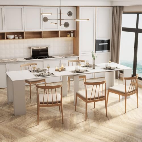 Extendable Console Table, Mid Century Modern Expandable Dining Table with Extension Leaves Holder, 20" to 118" Rectangular Dinner Table for Kitchen, Living Room (White) CWKISS